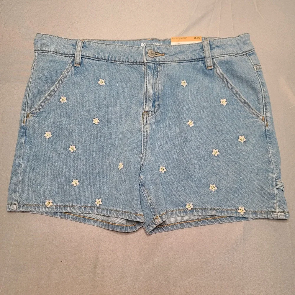 Thereabouts Carpenter Shorts Girls 18.5 Plus Blue Floral Embroidered Utility